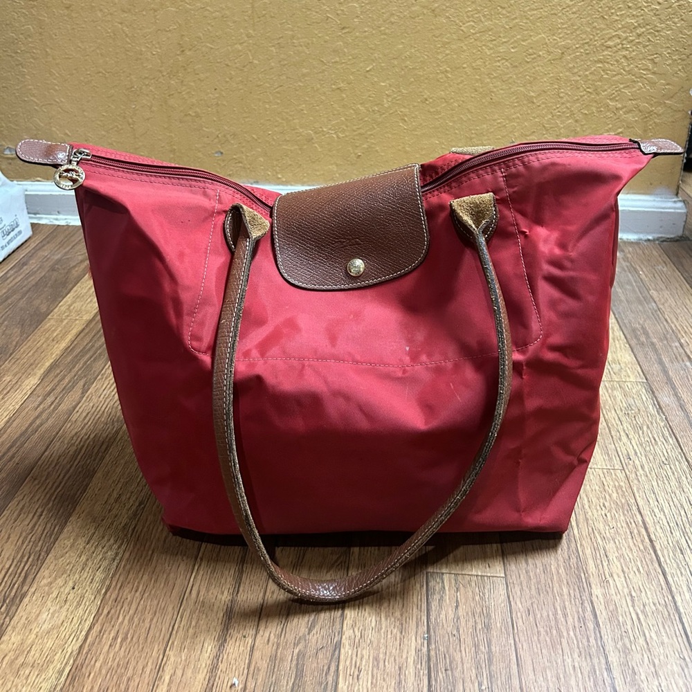 Red Tote Bag with Brown Accents